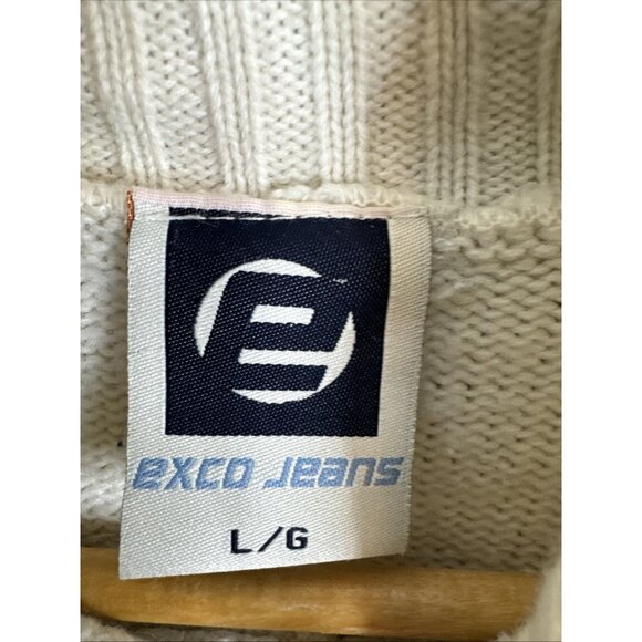 Vintage Y2K EXCO Jeans Turtleneck Sweater Cream Blue Stripe Logo Knit Men’s L - Picture 5 of 6